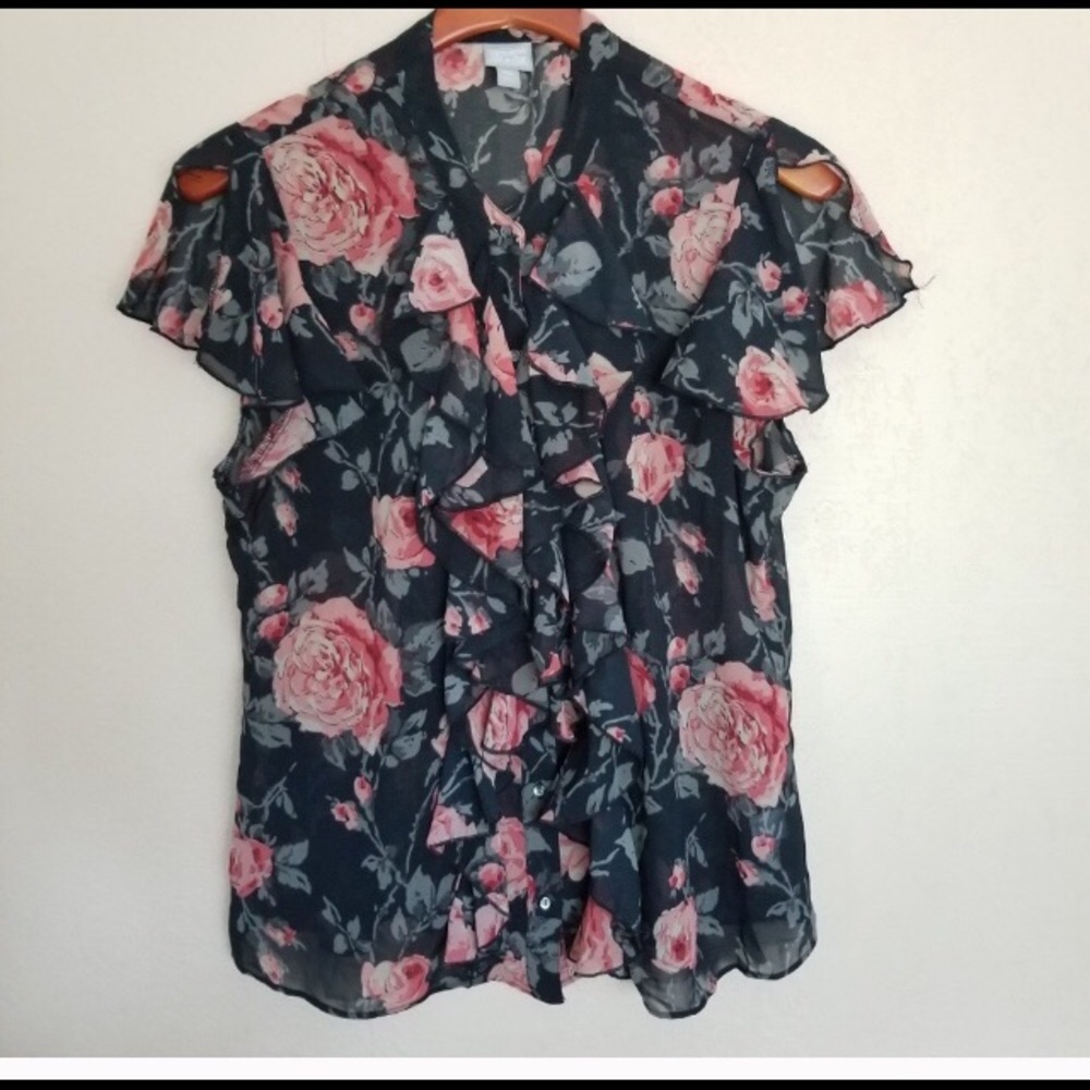 Floral Rose Light Weight Ruffle Top Button Down